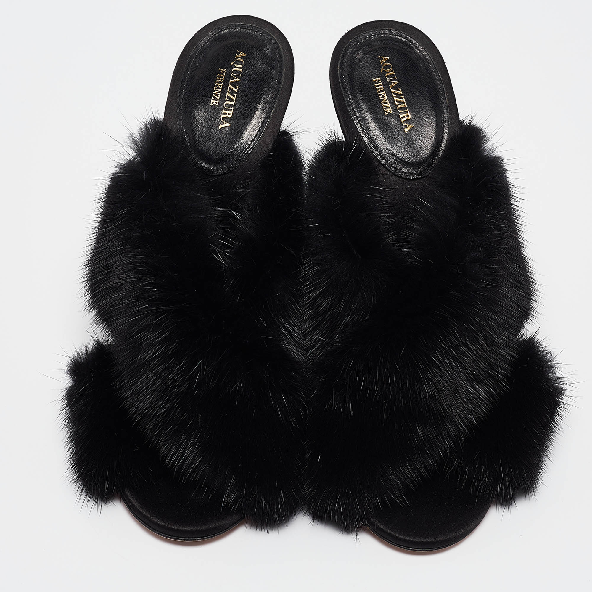 Aquazzura Black Mink Fur Slide Sandals Size 37