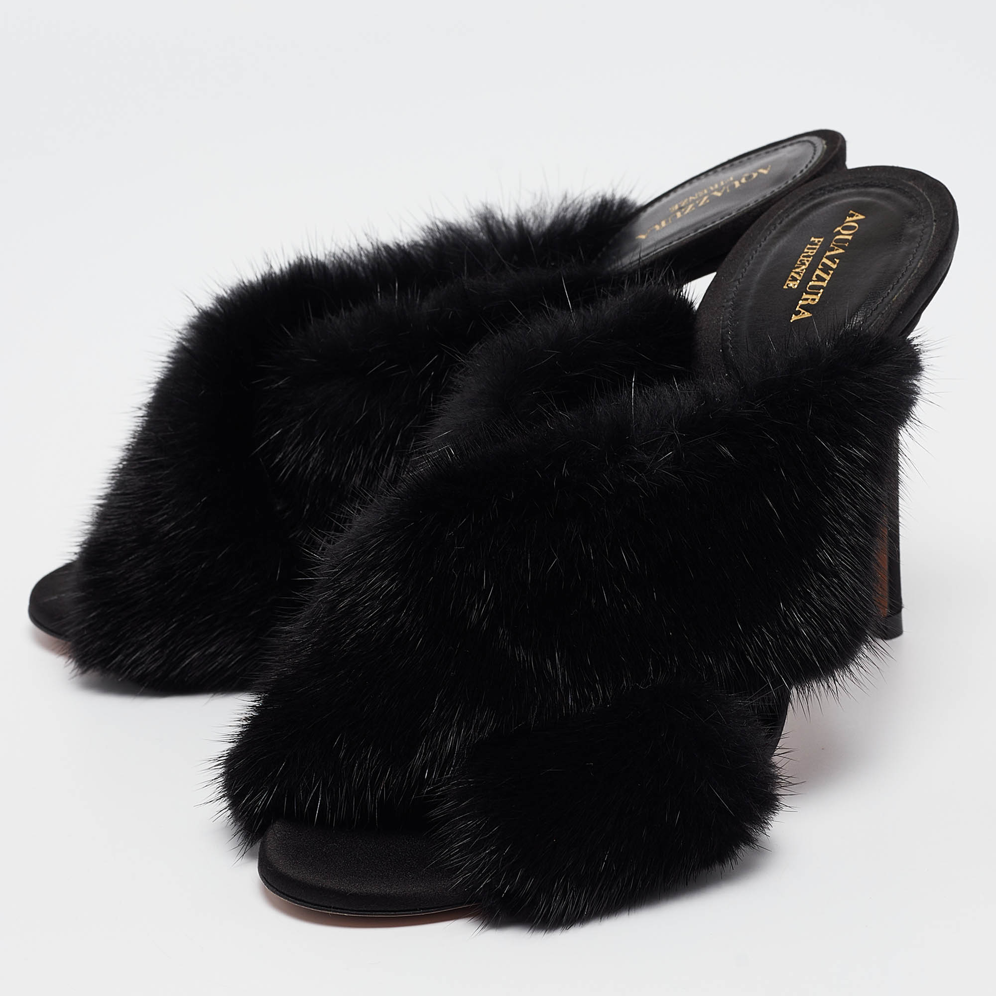 Aquazzura Black Mink Fur Slide Sandals Size 37