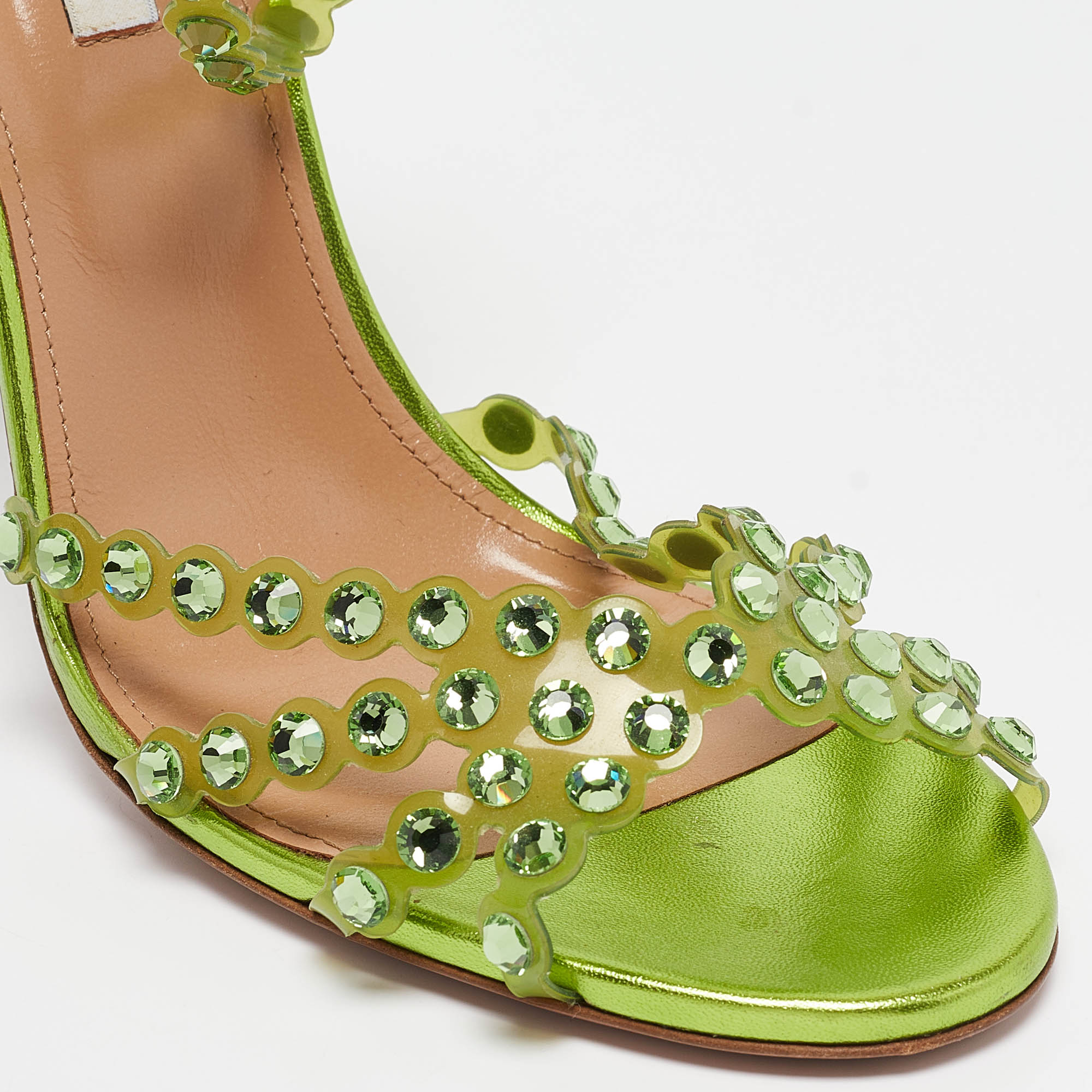 Aquazzura Green PVC Crystal Ankle Strap Sandals Size 41