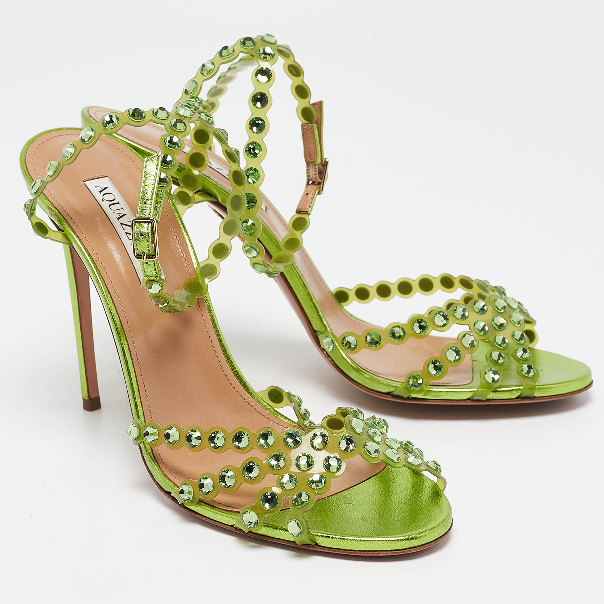 Aquazzura Green PVC Crystal Ankle Strap Sandals Size 41