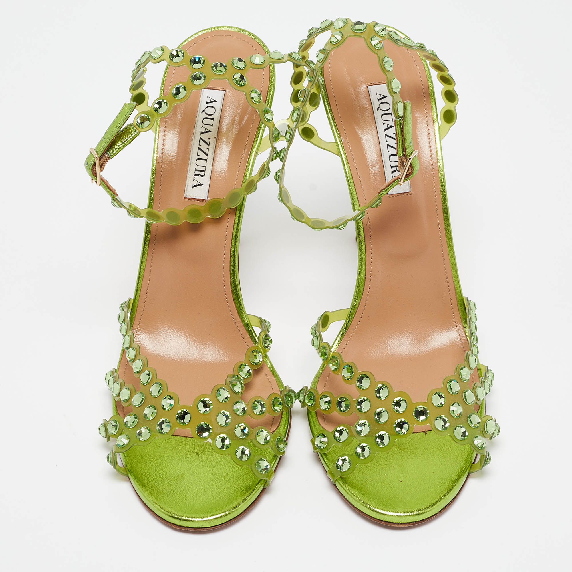 Aquazzura Green PVC Crystal Ankle Strap Sandals Size 41