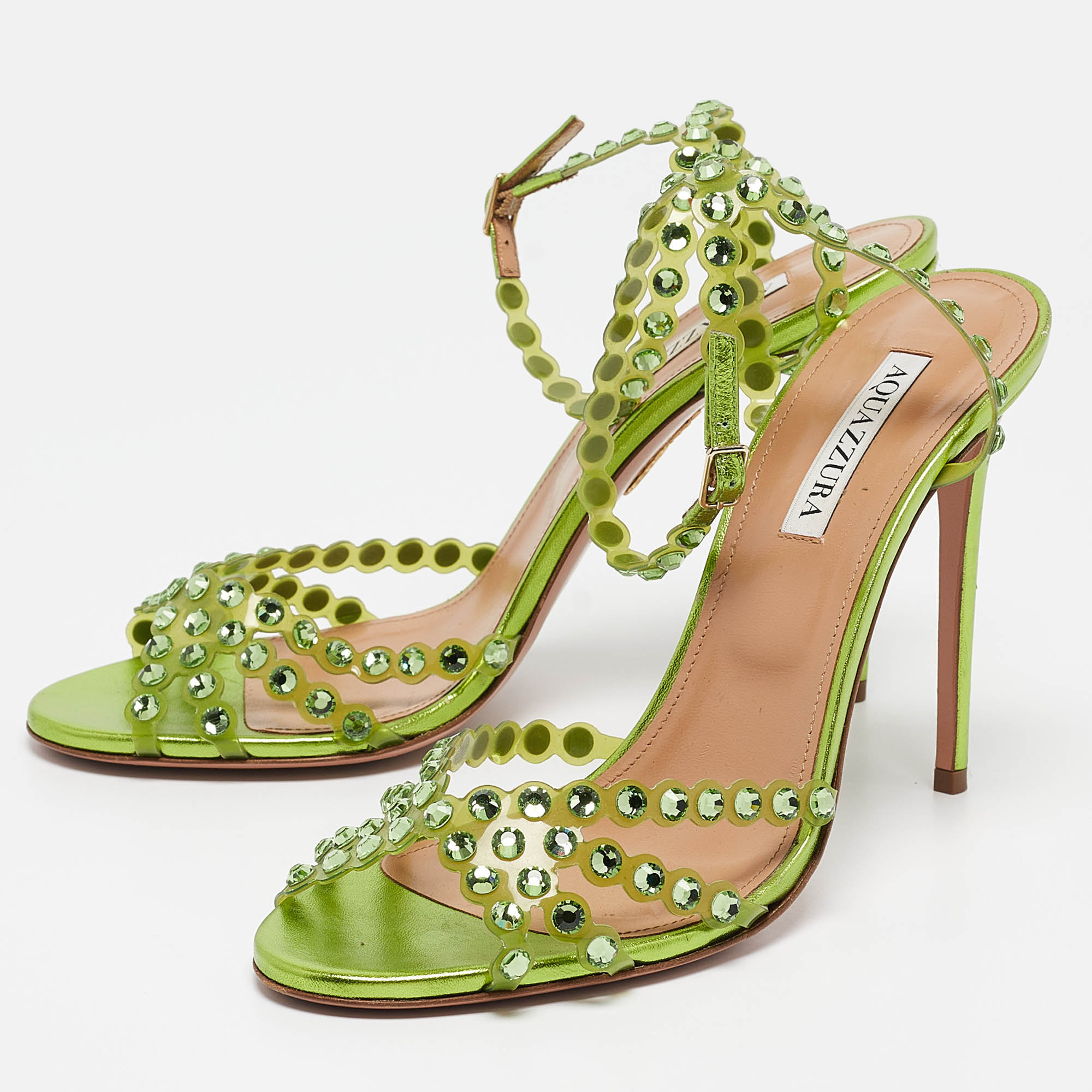 Aquazzura Green PVC Crystal Ankle Strap Sandals Size 41