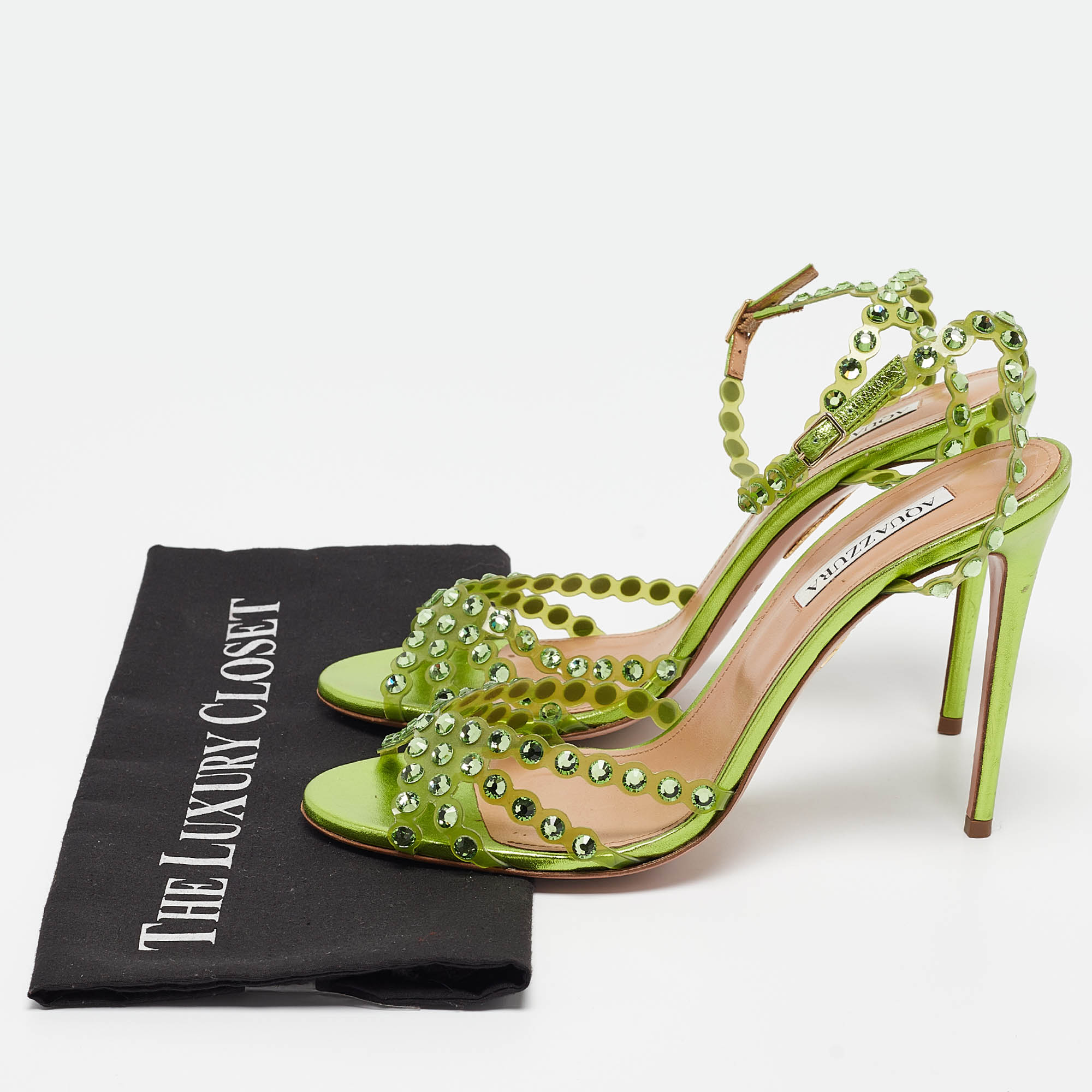 Aquazzura Green PVC Crystal Ankle Strap Sandals Size 41