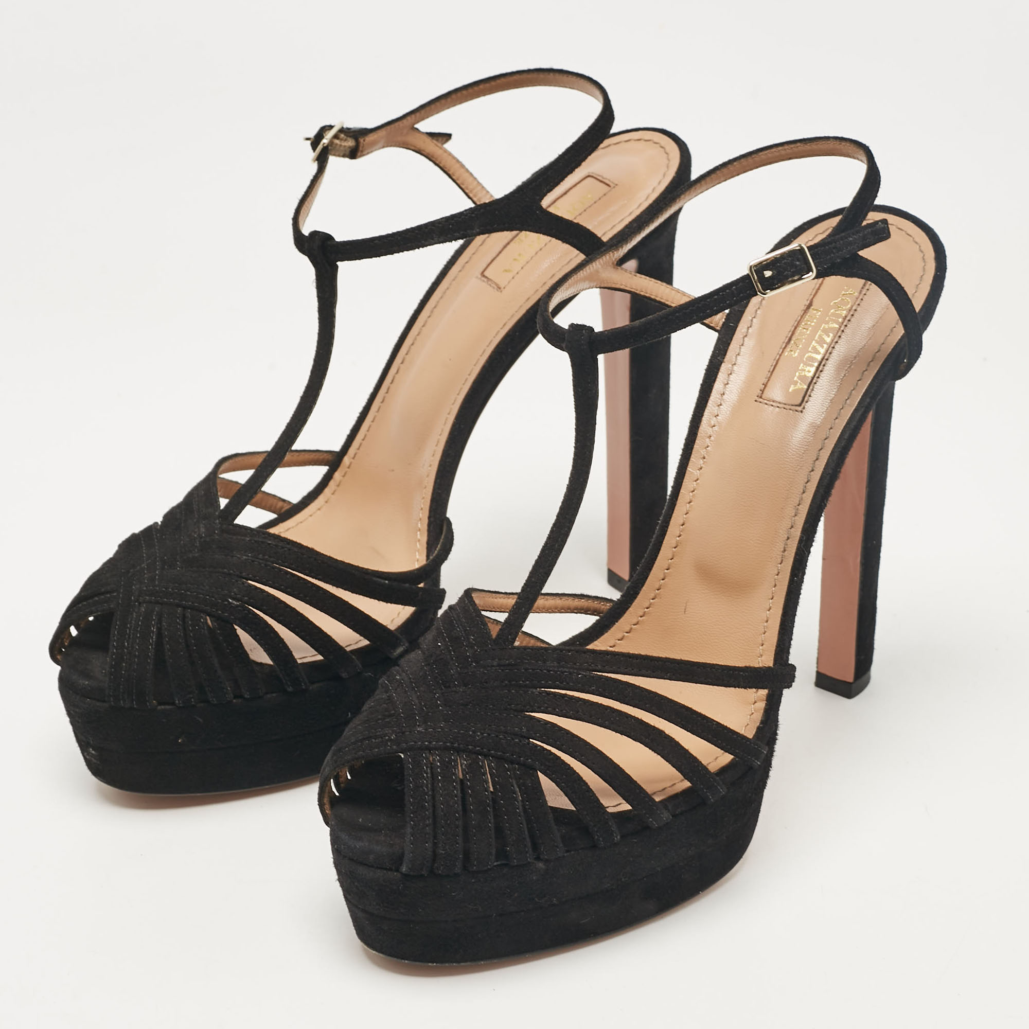 Aquazzura Black Suede T-Strap Platform Sandals Size 41