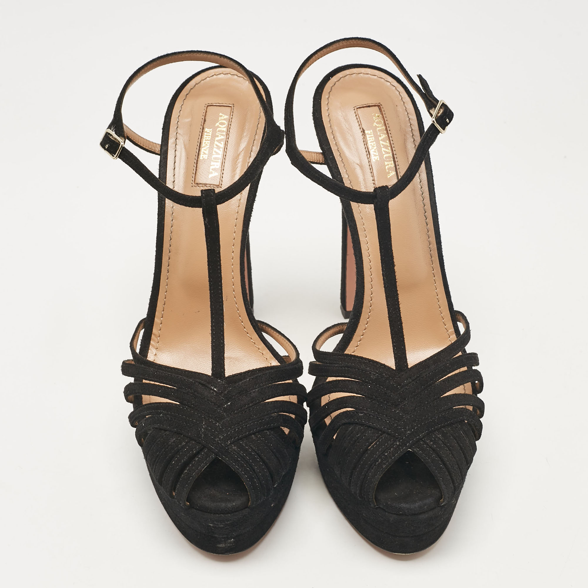 Aquazzura Black Suede T-Strap Platform Sandals Size 41