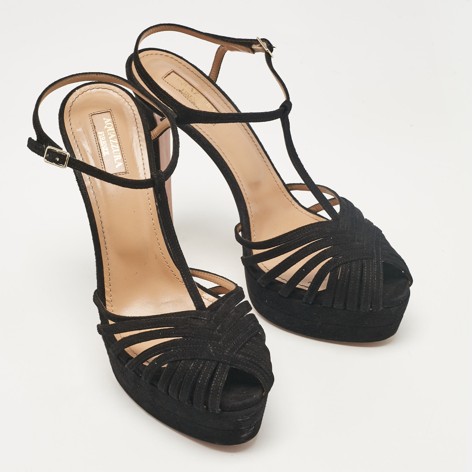 Aquazzura Black Suede T-Strap Platform Sandals Size 41