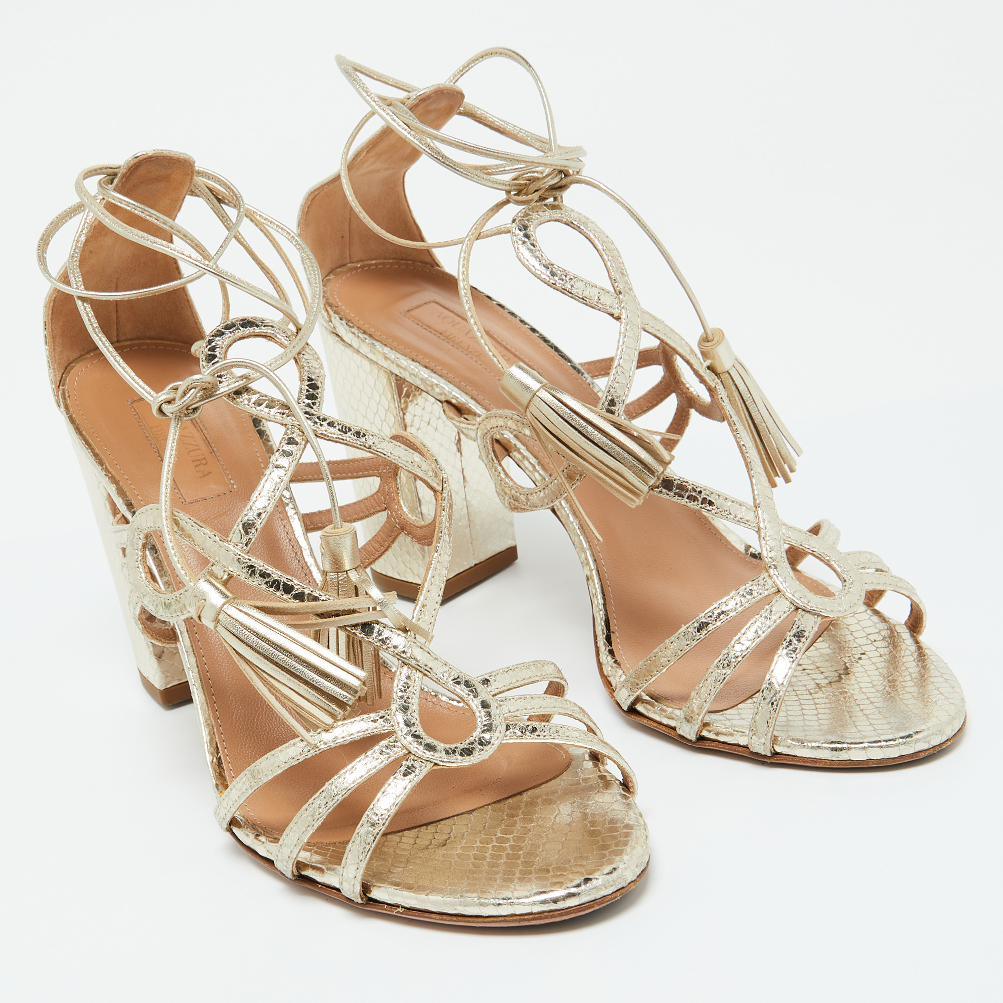 Aquazzura Gold Snakeskin Embossed Leather Gitana Ankle Strap Sandals Size 41