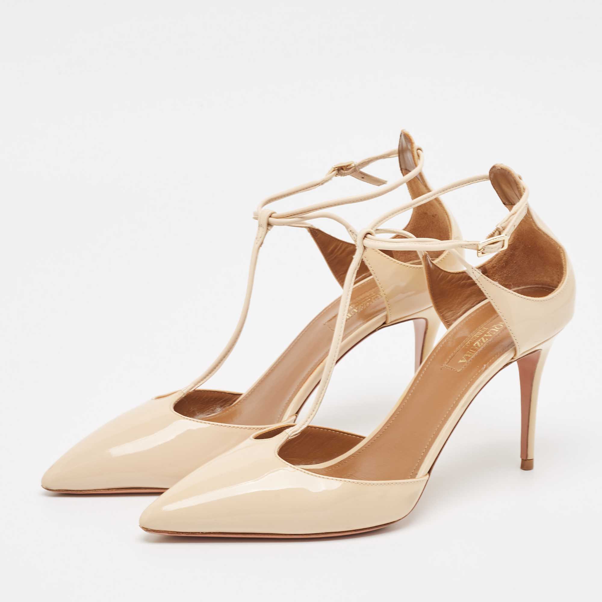 Aquazzura Beige Patent Leather T-Bar Ankle Strap Pumps Size 39