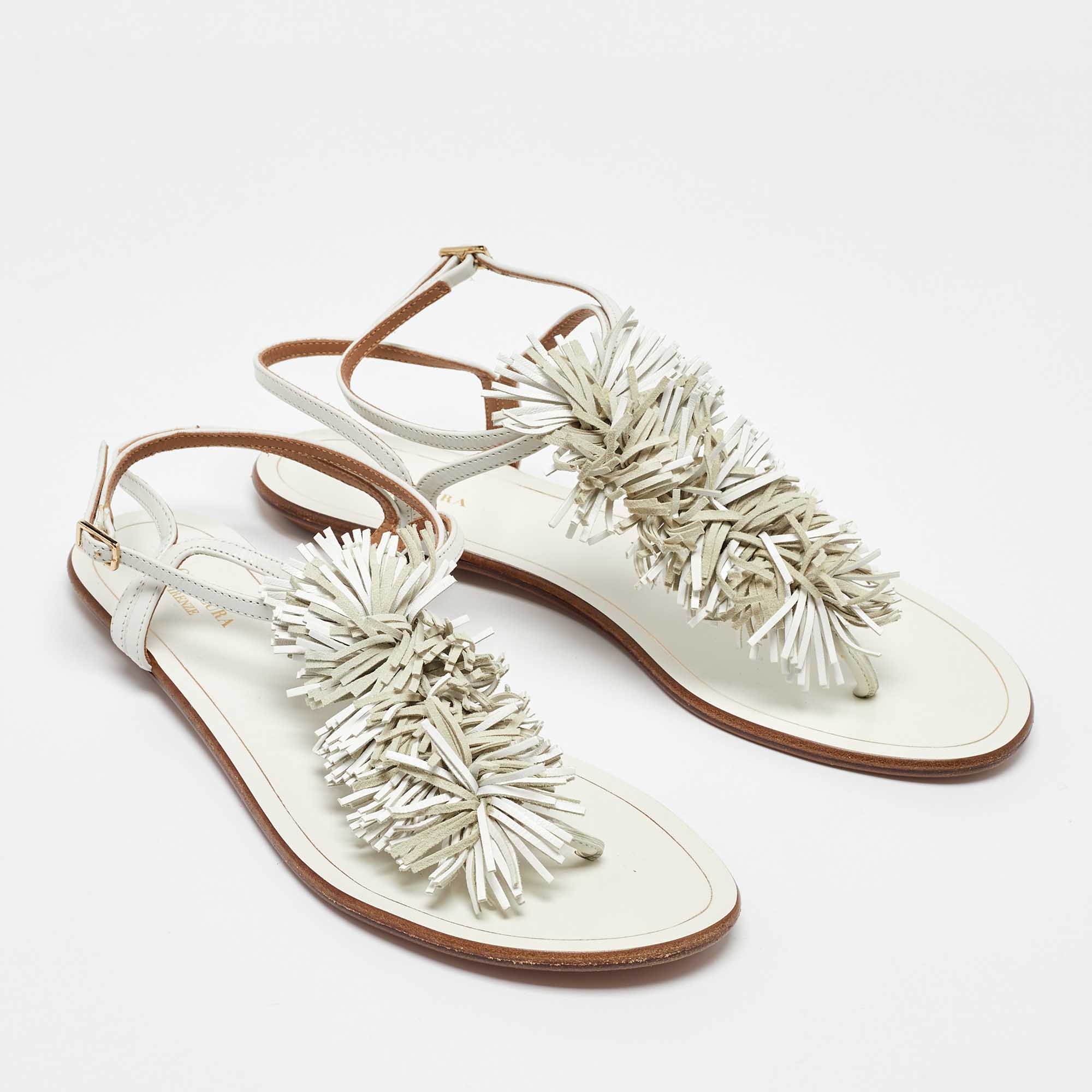 Aquazzura White Leather Fringe Trim Accent Flat Sandals Size 38