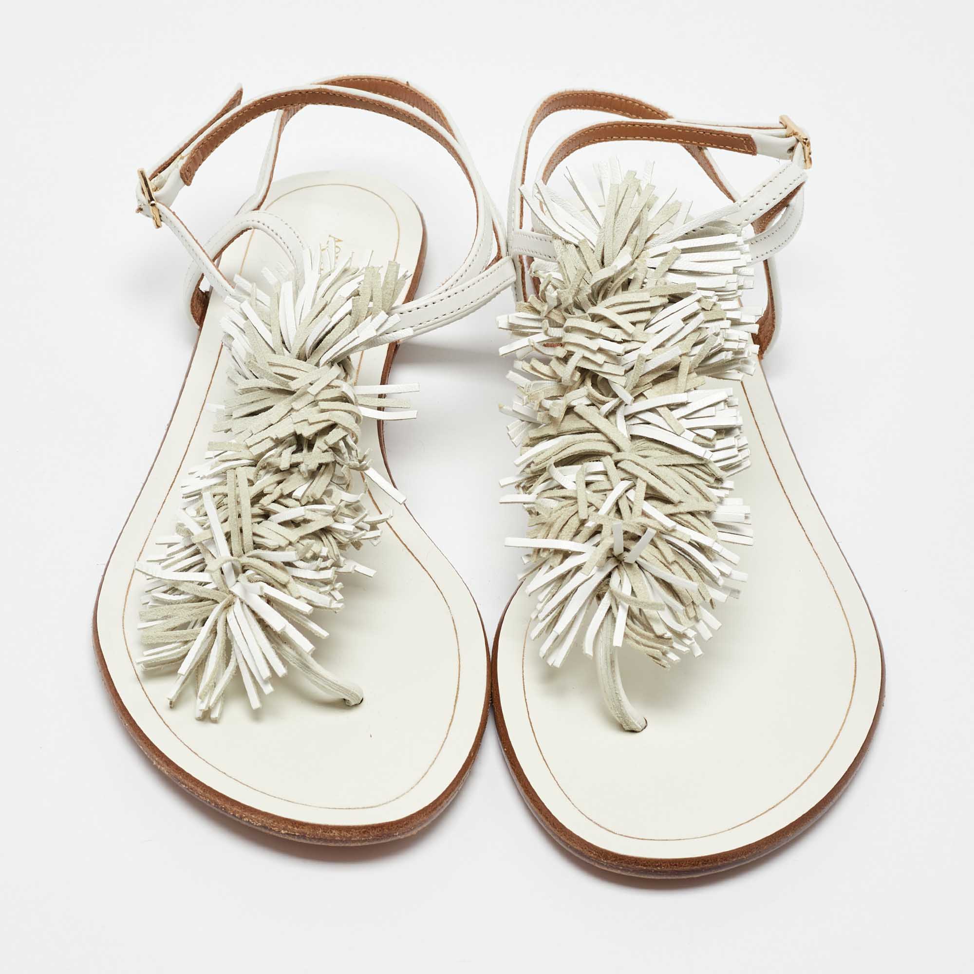 Aquazzura White Leather Fringe Trim Accent Flat Sandals Size 38