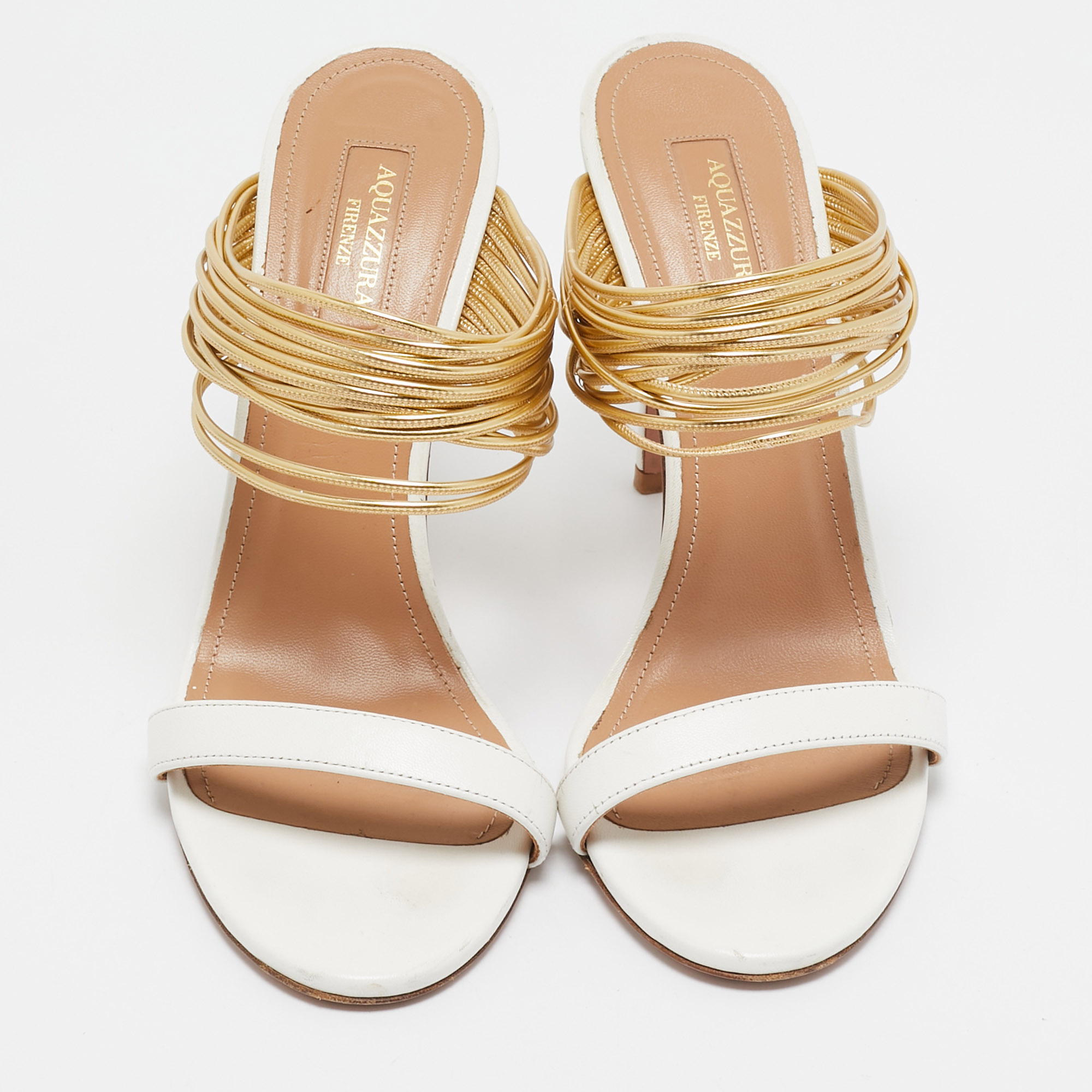 Aquazzura White/Gold Leather Rendez Vous Slide Sandals Size 40