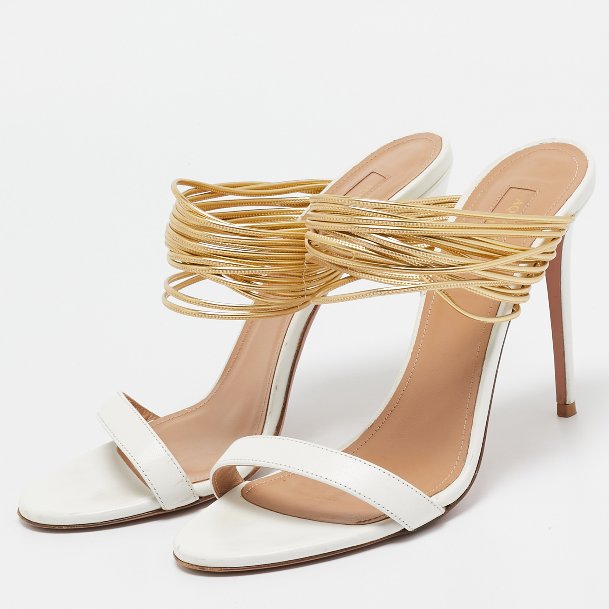 Aquazzura White/Gold Leather Rendez Vous Slide Sandals Size 40