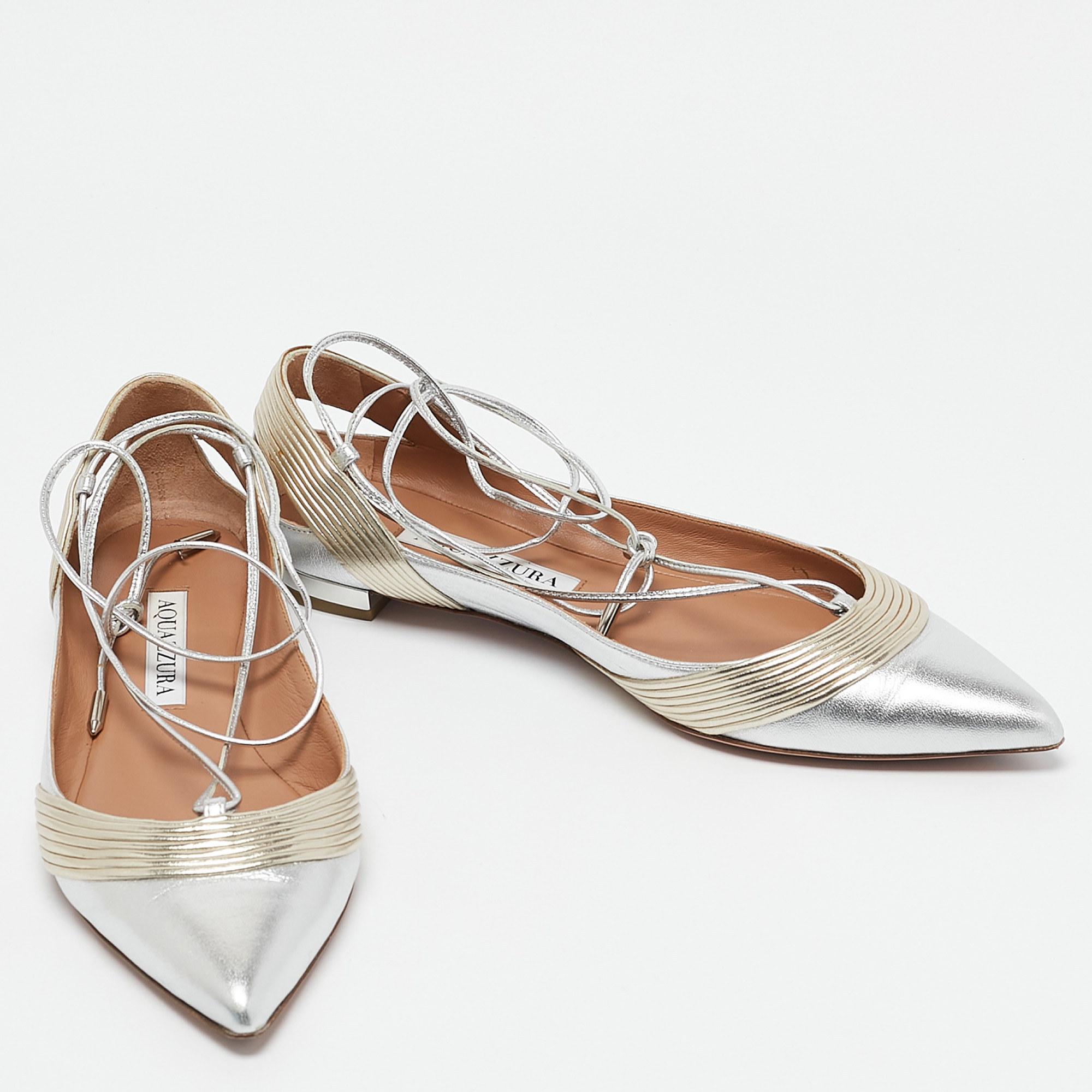 Aquazzura Silver/Gold Leather Ankle Wrap Ballet Flats Size 36