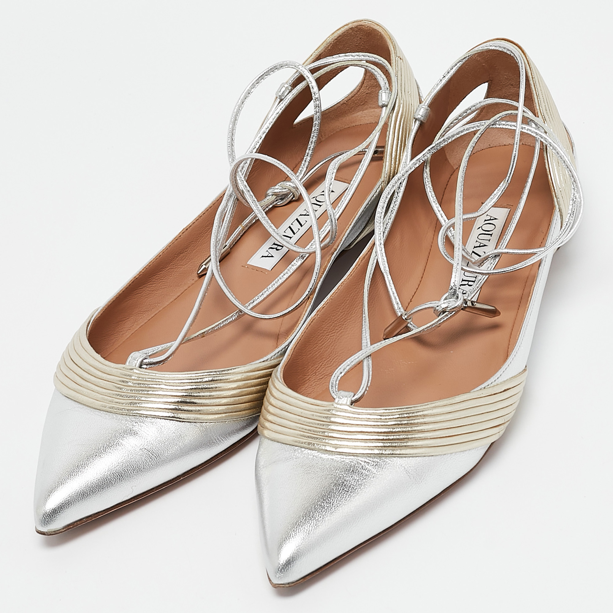 Aquazzura Silver/Gold Leather Ankle Wrap Ballet Flats Size 36