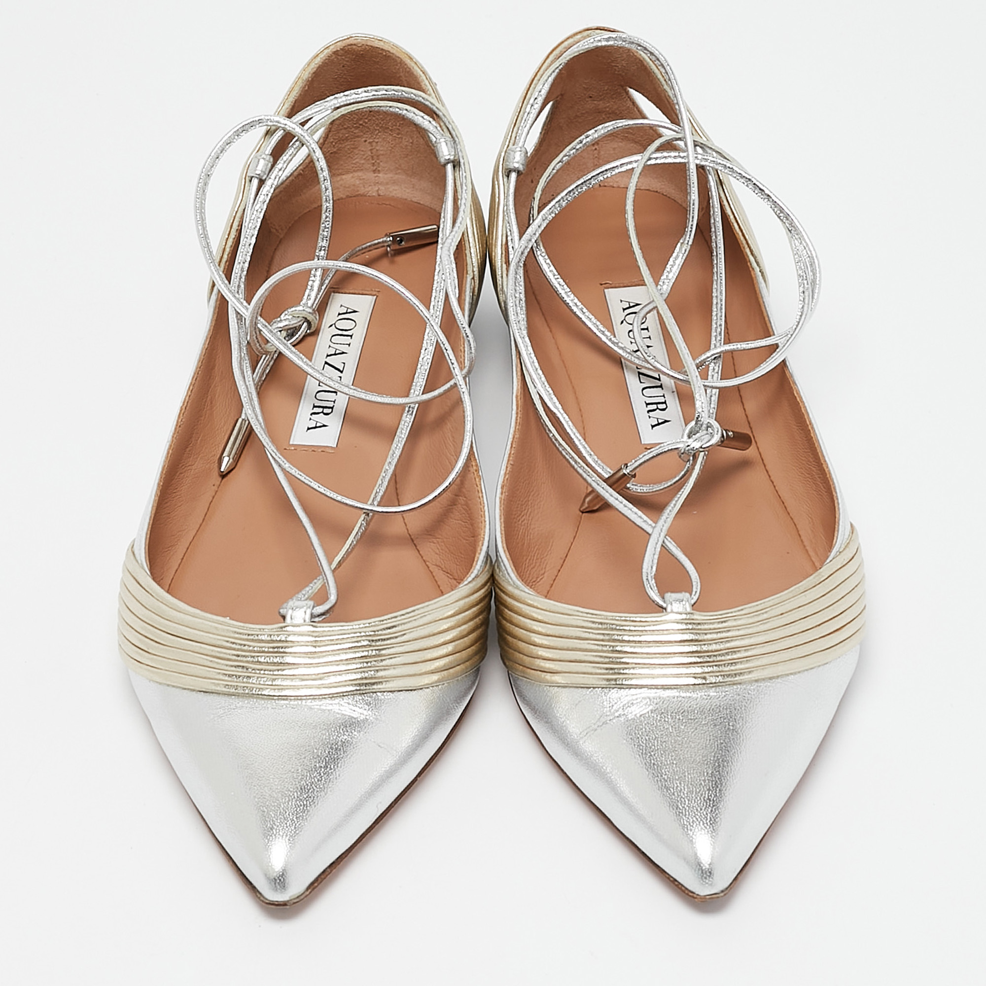 Aquazzura Silver/Gold Leather Ankle Wrap Ballet Flats Size 36