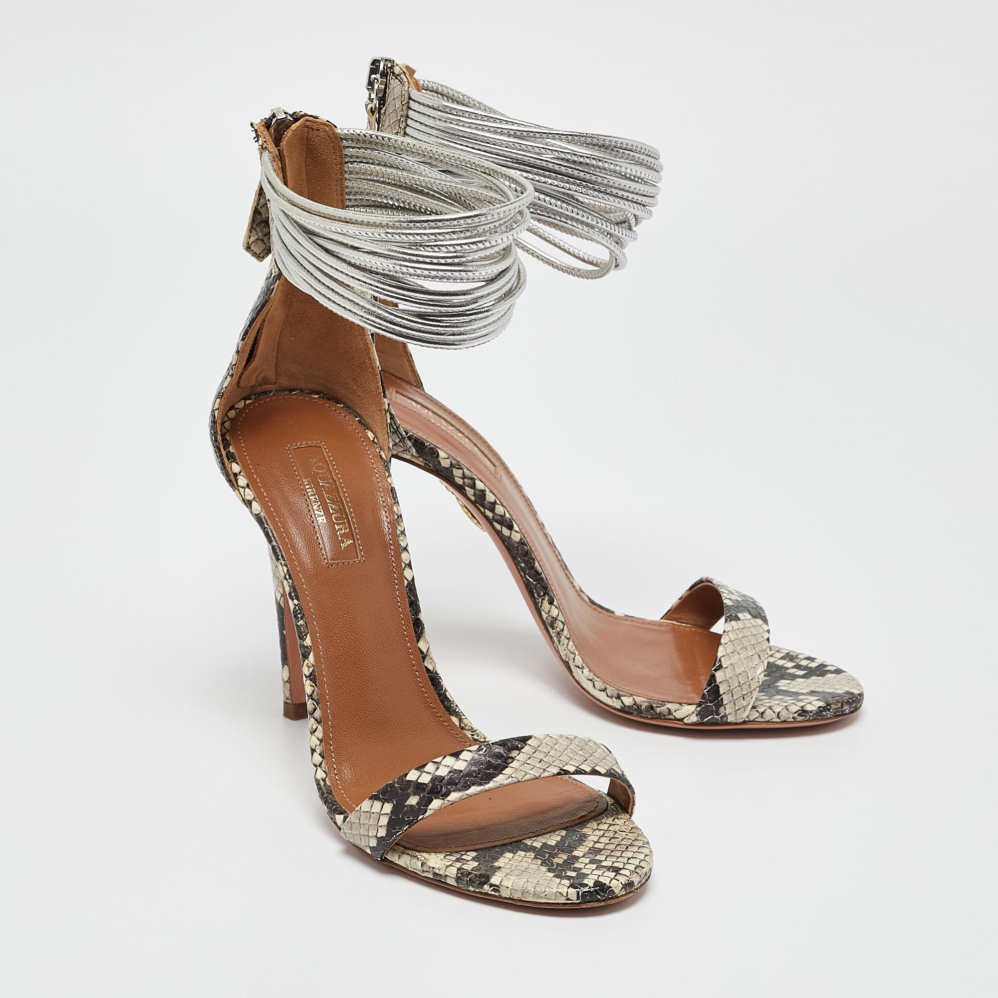 Aquazzura Grey/Brown Python Embossed Leather Spin Me Around  Sandals Size 36