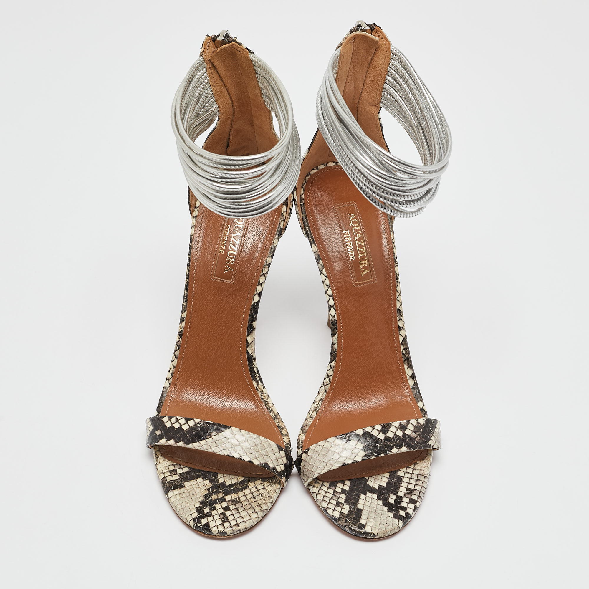 Aquazzura Grey/Brown Python Embossed Leather Spin Me Around  Sandals Size 36