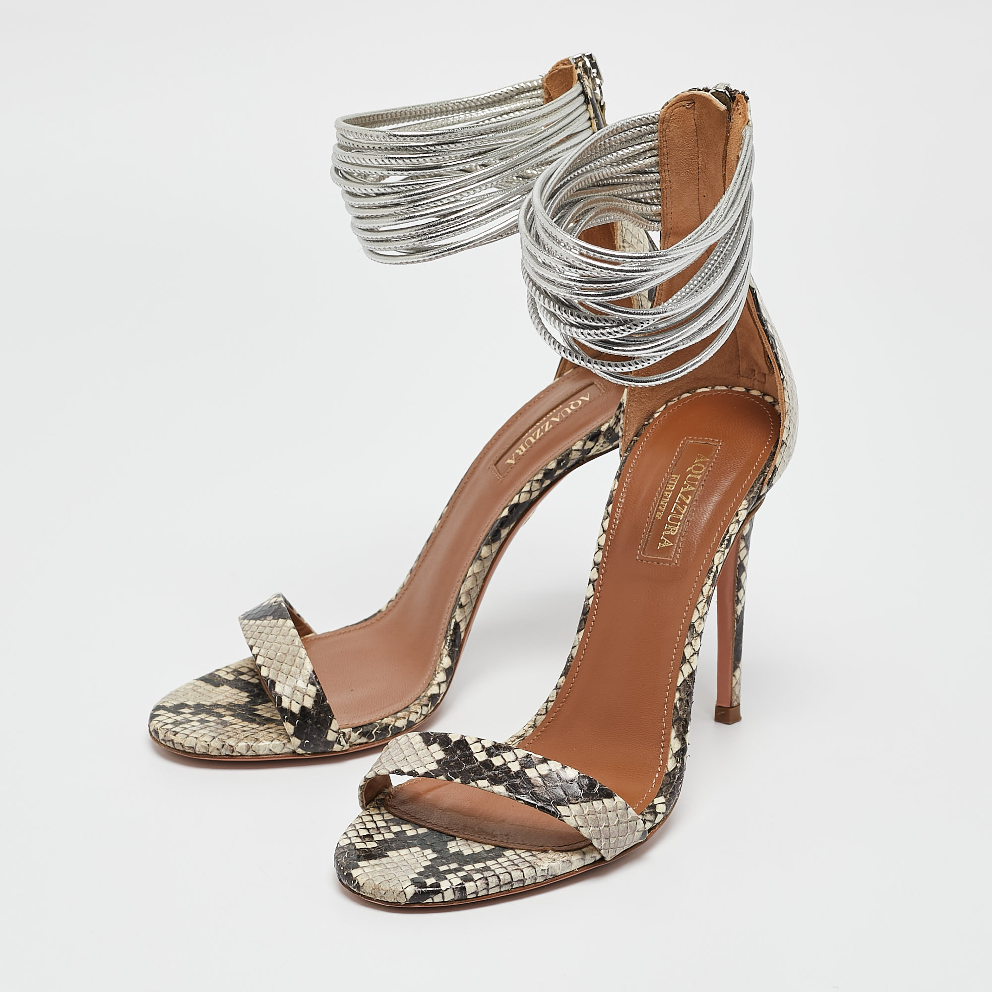 Aquazzura Grey/Brown Python Embossed Leather Spin Me Around  Sandals Size 36