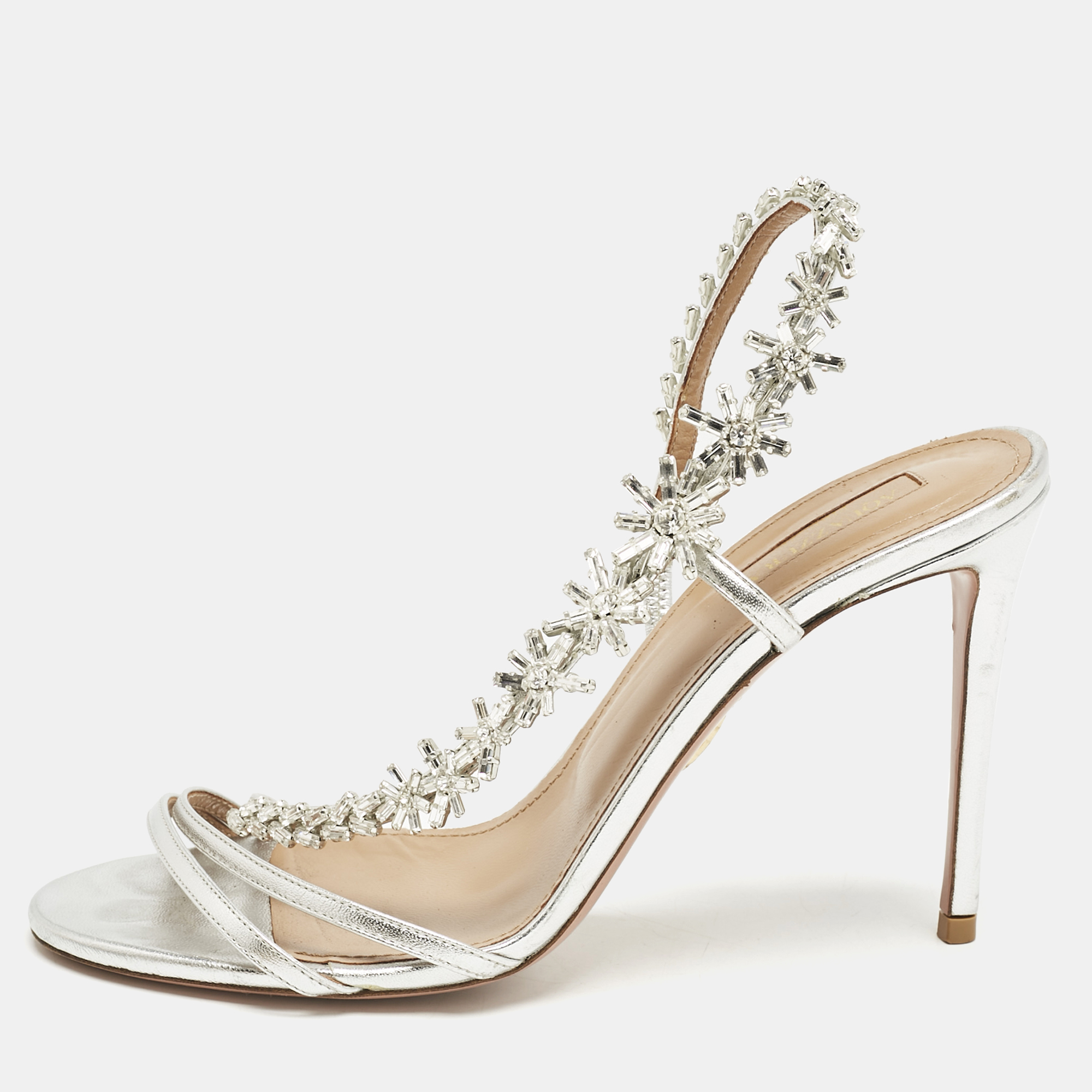 Aquazzura Silver Leather Crystal Embellished Chateau Slingback Sandals Size
Aquazzura Silver Leather Crystal Embellished Chateau Slingback Sandals Size