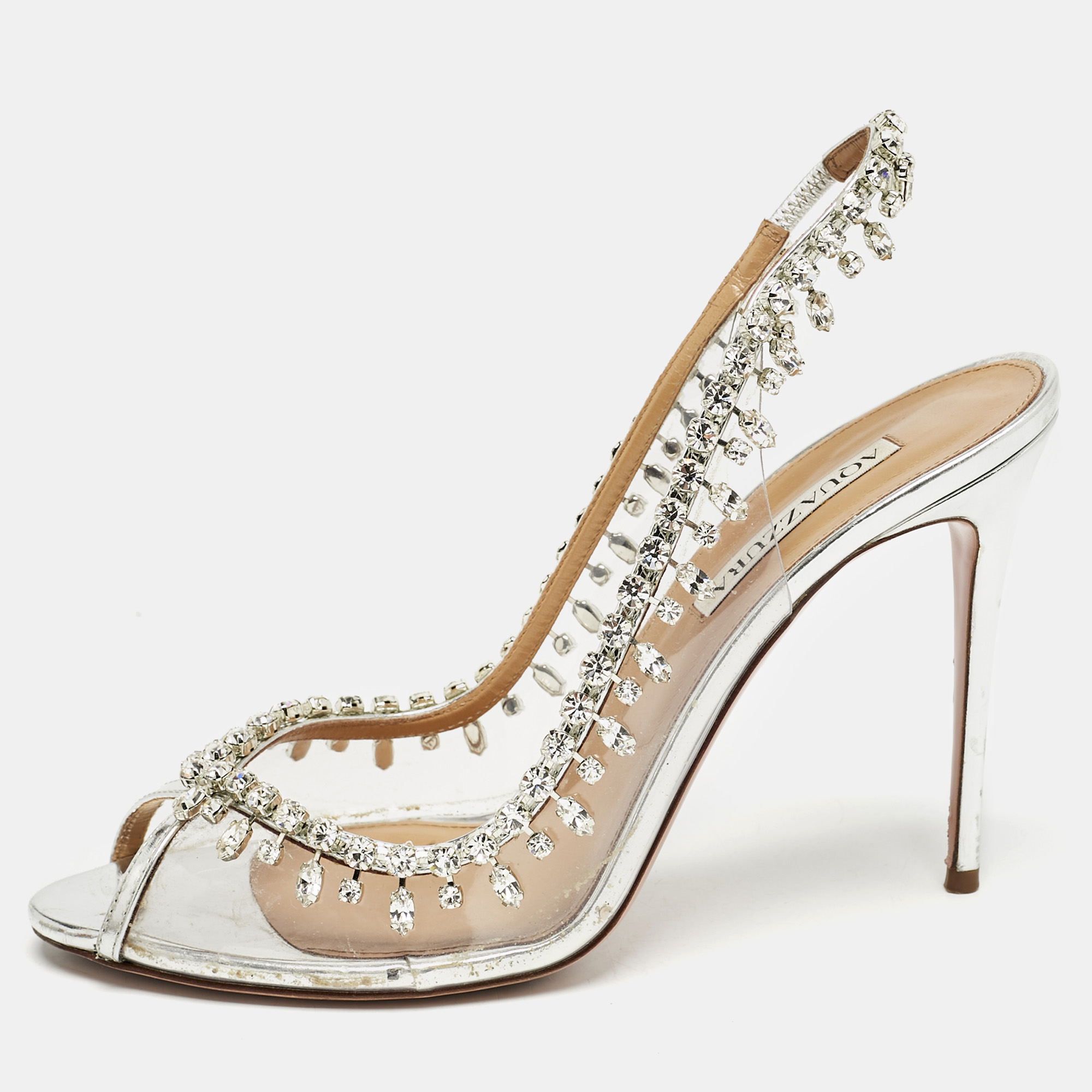 Aquazzura Silver/Transparent Leather and PVC Temptation Slingback Pumps Size
Aquazzura Silver/Transparent Leather and PVC Temptation Slingback Pumps Size