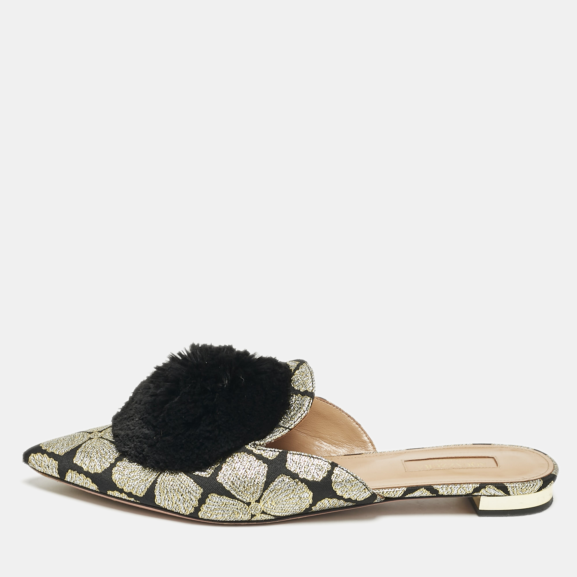 Aquazzura Black/Gold Floral Lurex Fabric Powder Puff Pom Pom Flat Mules Size
Aquazzura Black/Gold Floral Lurex Fabric Powder Puff Pom Pom Flat Mules Size
