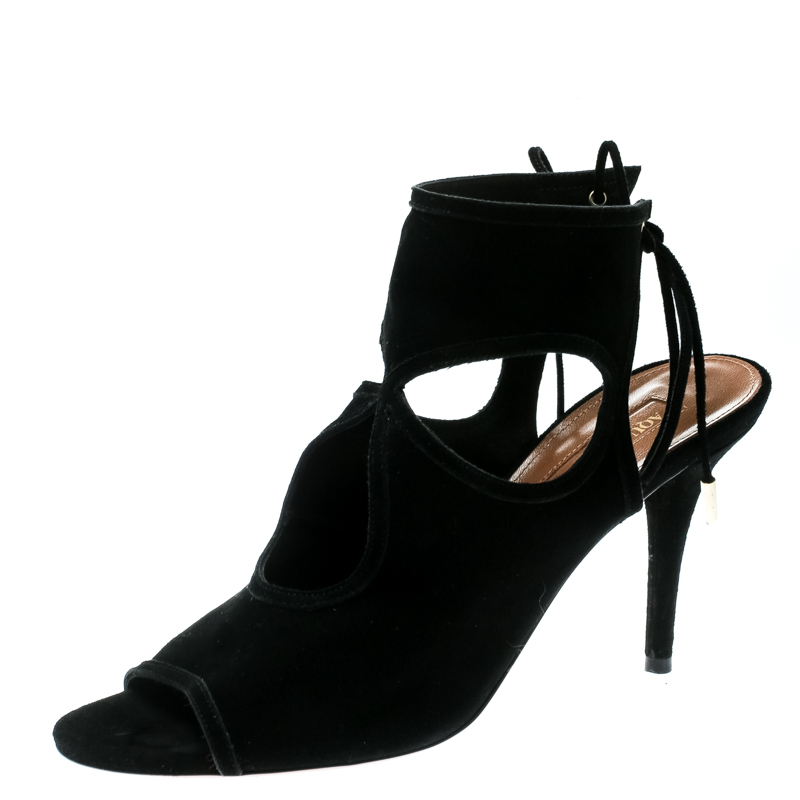 Image of Aquazzura Black Cutout Suede Sexy Thing Peep Toe Sandals Size .