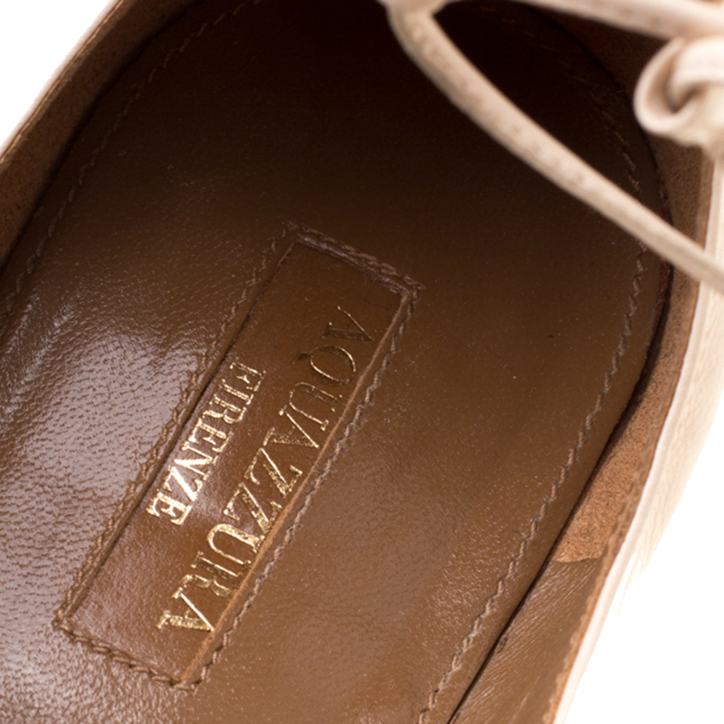 Aquazzura Beige Leather Christie Ankle Wrap Pointed Toe Flats Size 37