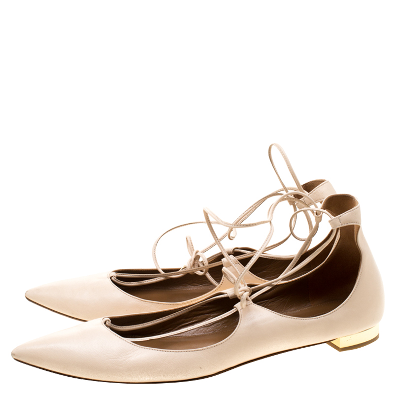 Aquazzura Beige Leather Christie Ankle Wrap Pointed Toe Flats Size 37