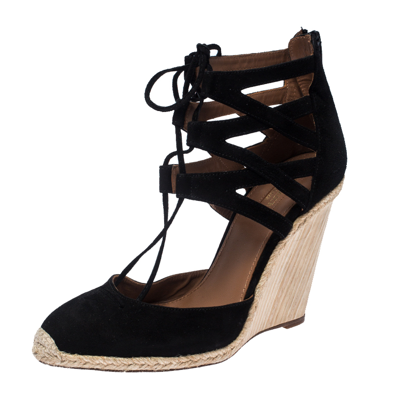 Image of Aquazzura Black Suede Belgravia Espadrilles Wedge Sandals Size
