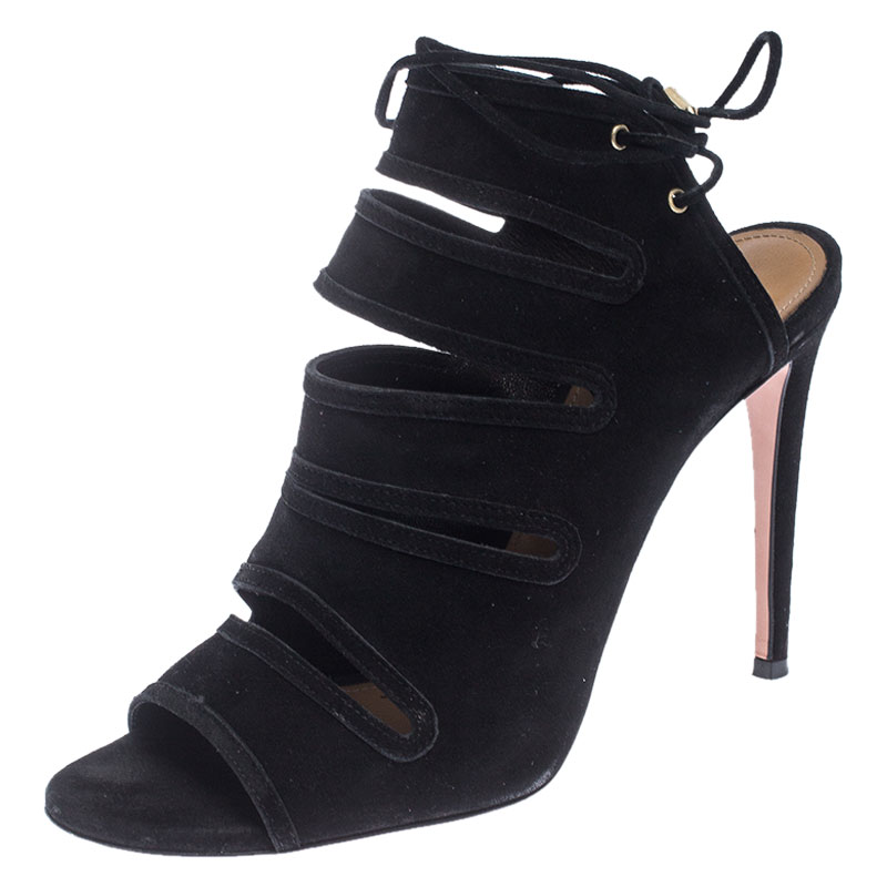 Image of Aquazzura Black Suede Cut Out Ankle Wrap Sandals Size