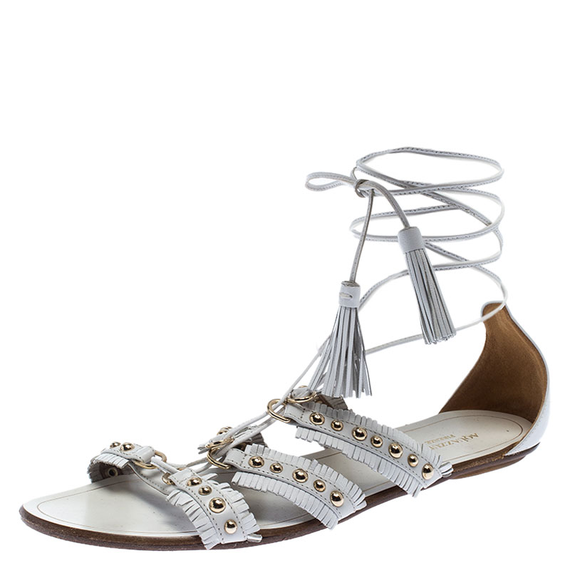 Image of Aquazurra White Studded Leather Tulum Tassel Tie Up Flat Sandals Size