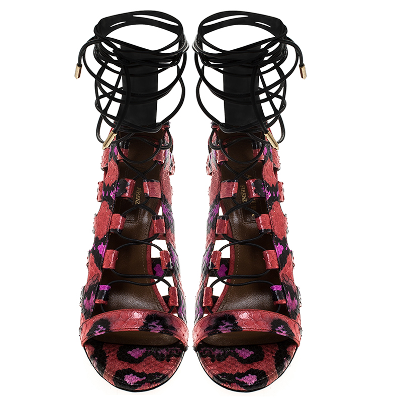 Aquazzura Multicolor Python Leather Elaphe Cut Out Ankle Wrap Sandals Size 37