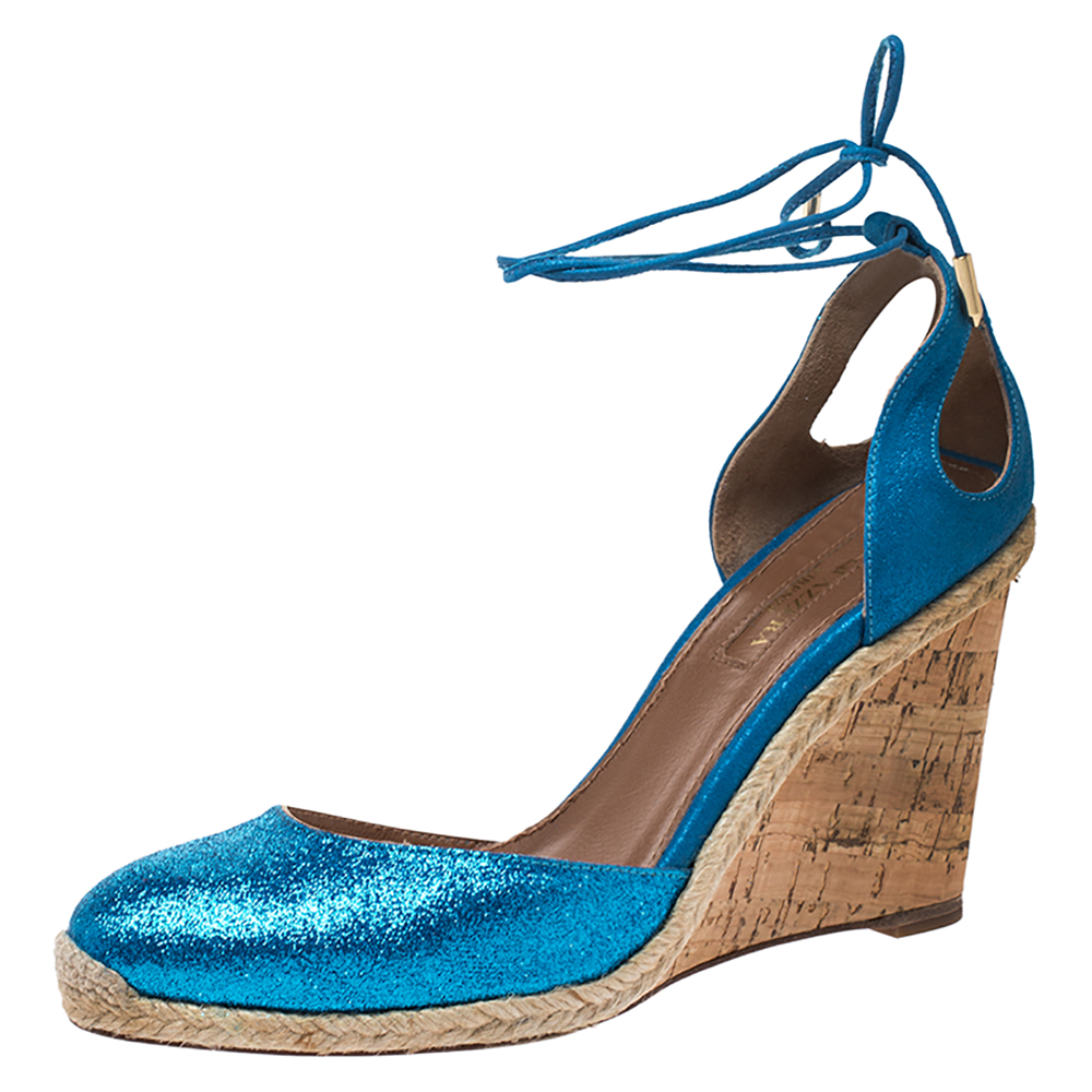 Aquazzura Blue Glitter Fabric And Leather Palm Beach Ankle Tie Cork Wedge Sandals Size 38