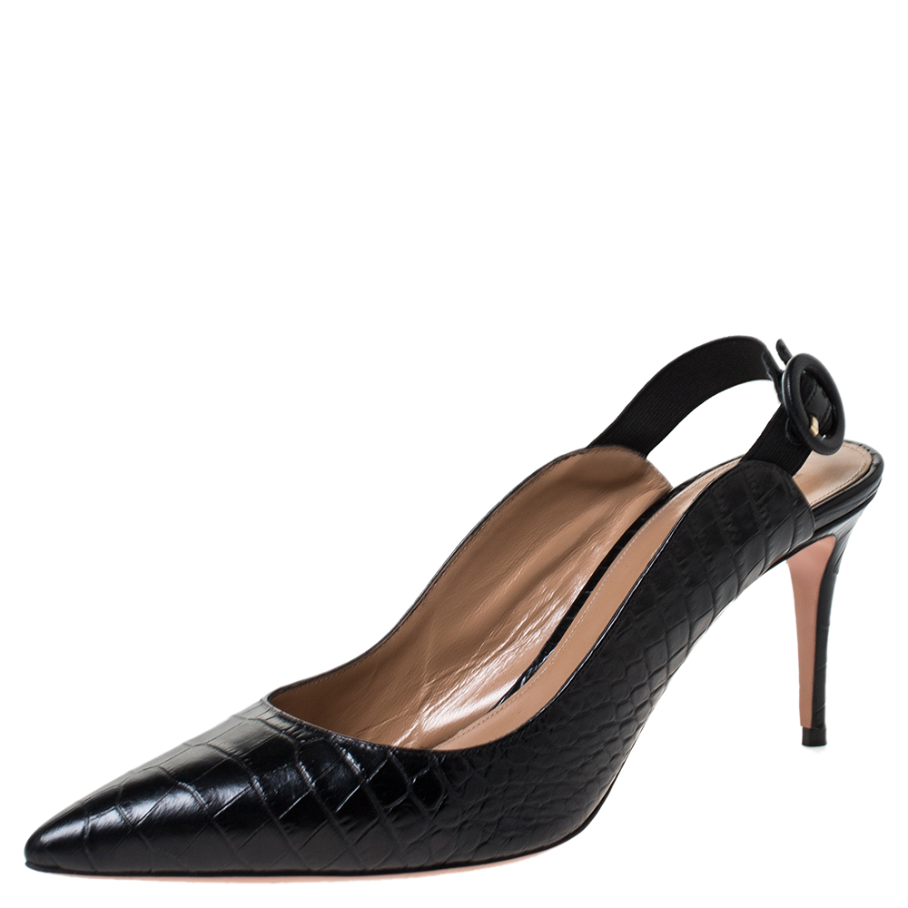 Image of Aquazzura Black Croc Embossed Leather Yale Slingback Sandals Size .