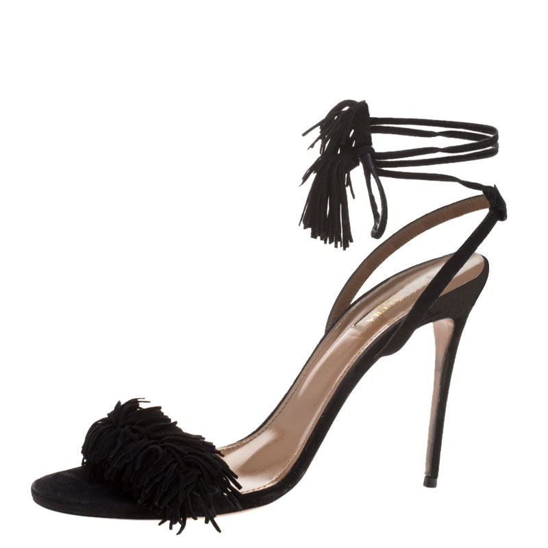 Image of Aquazzura Black Suede Wild Thing Ankle Wrap Sandals Size