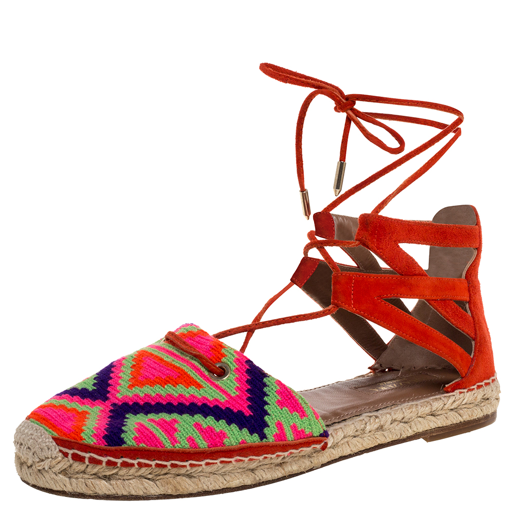 Image of Aquazzura Multicolor Woven Fabric And Suede Belgravia Lace Up Espadrille Flat Sandals Size .