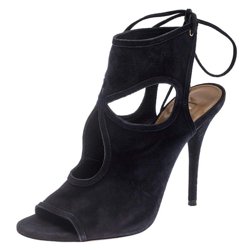 Image of Aquazzura Black Suede Leather Sexy Thing Ankle Wrap Sandals Size