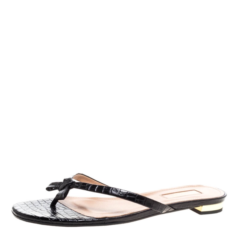 Image of Aquazzura Black Croc Embossed Leather 'Riva' Flat Sandals Size