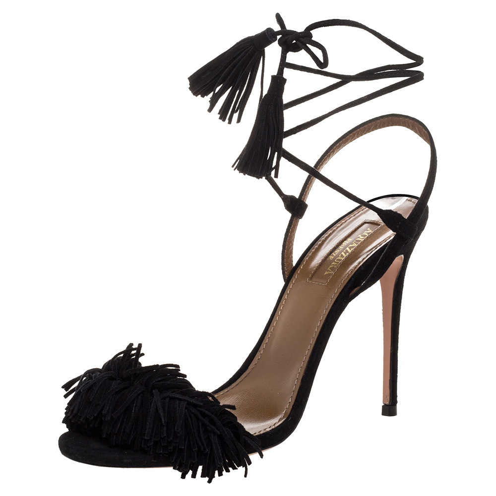 Image of Aquazzura Black Suede Leather Wild Thing Fringe Details Ankle Wrap Sandals Size