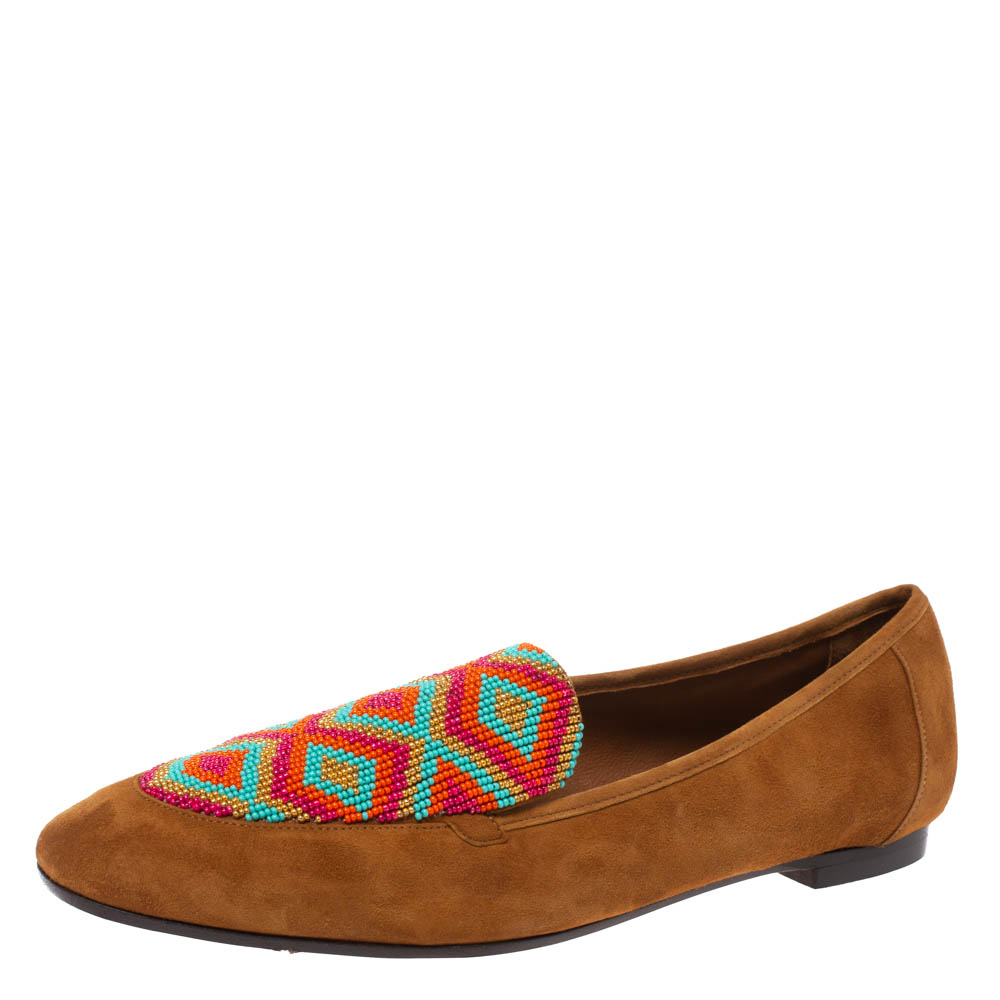 Image of Aquazzura Brown Suede Masai Beaded Loafers Size .