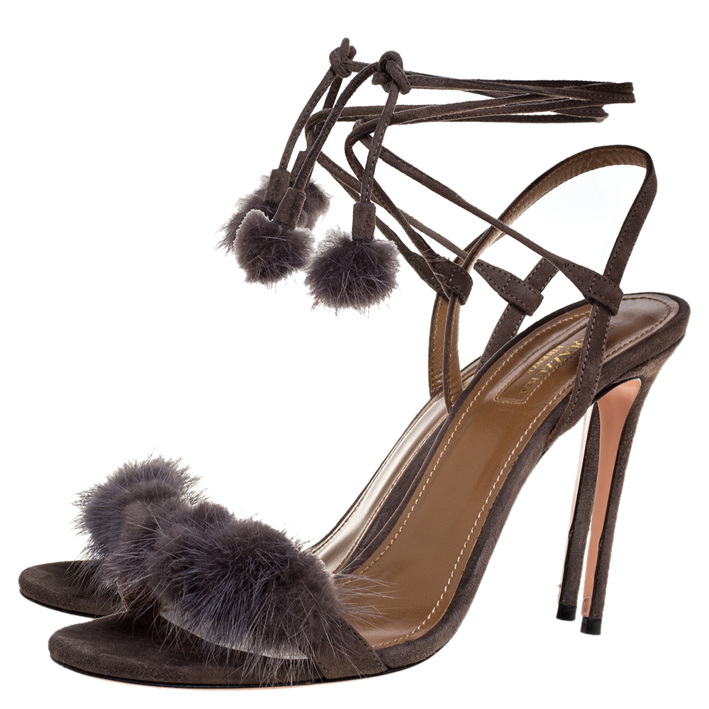 Aquazzura Grey Mink Fur And Suede Wild Russian Ankle Wrap Sandals Size 39