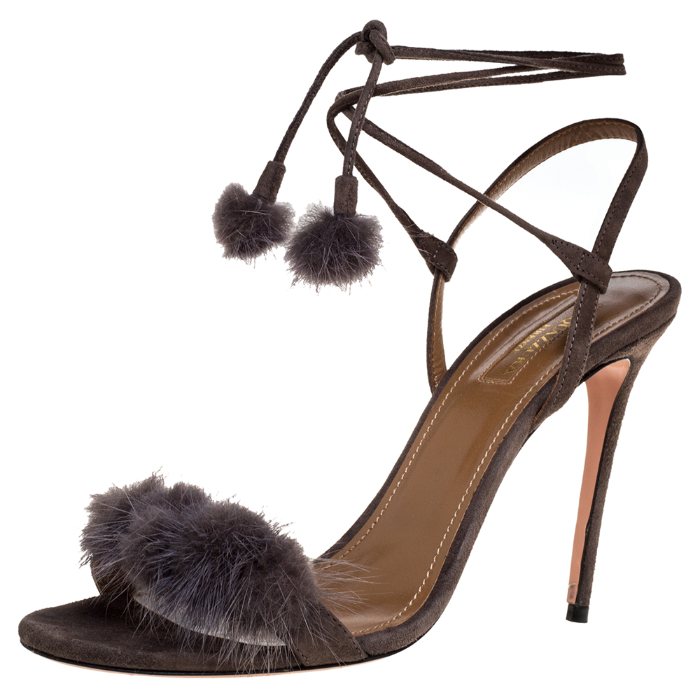 Aquazzura grey mink fur and suede wild russian ankle wrap sandals size 39