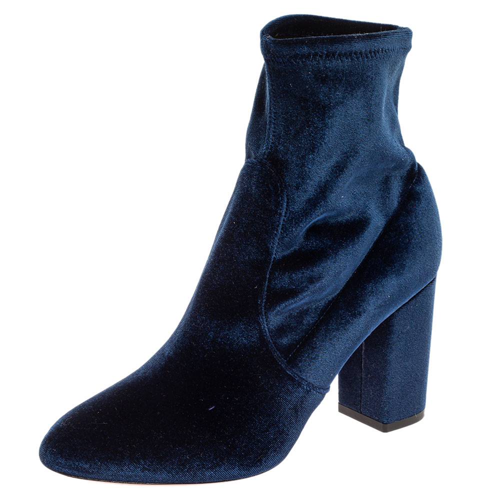 Image of Aquazzura Blue Velvet Slip On Ankle Boots Size