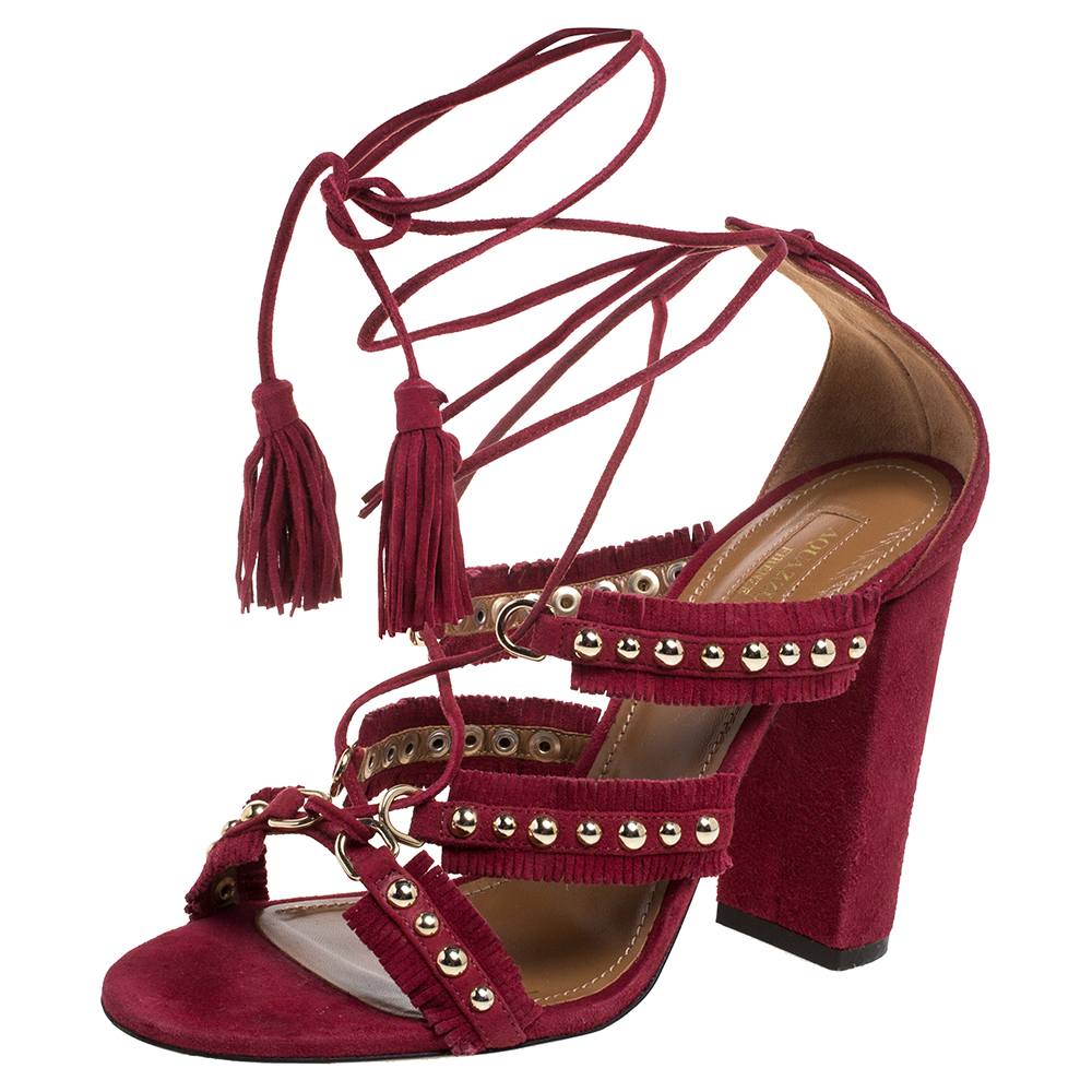 Aquazzura burgundy suede leather tulum fringe detail studded ankle wrap sandals size 38