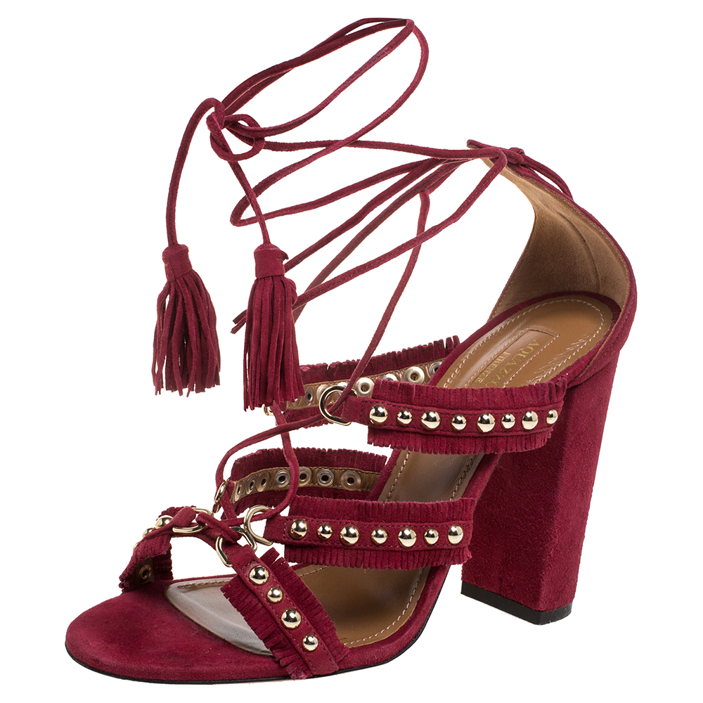 Aquazzura Burgundy Suede Leather Tulum Fringe Detail Studded Ankle Wrap Sandals Size 38