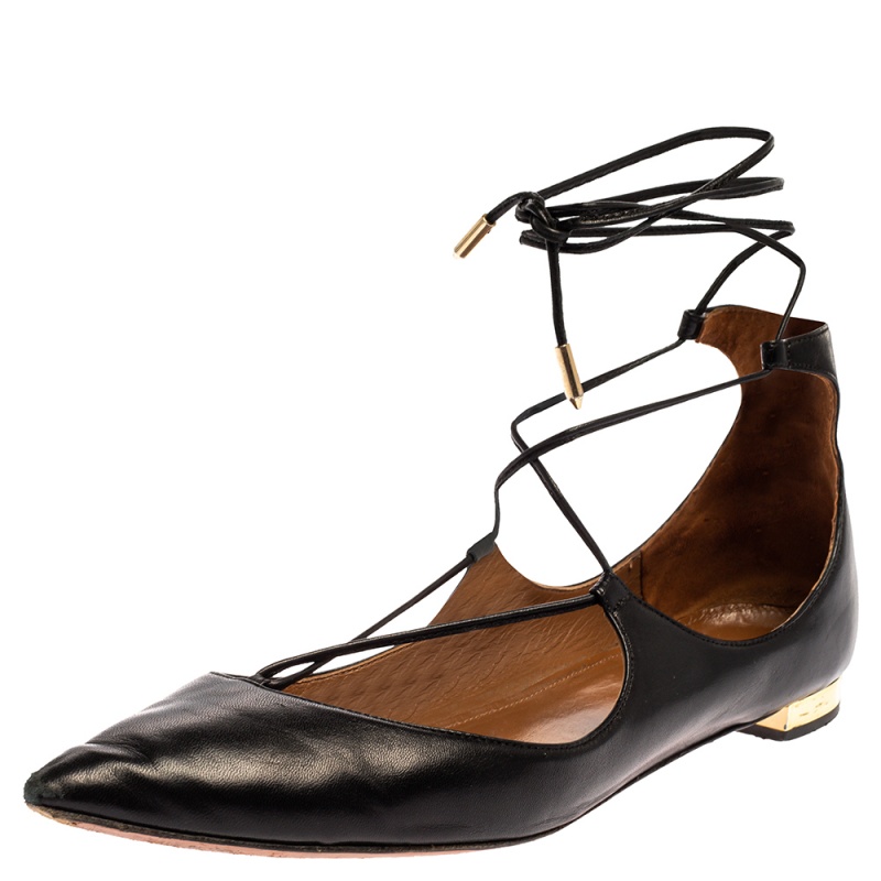 Image of Aquazzura Black Leather Christy Flat Sandals Size