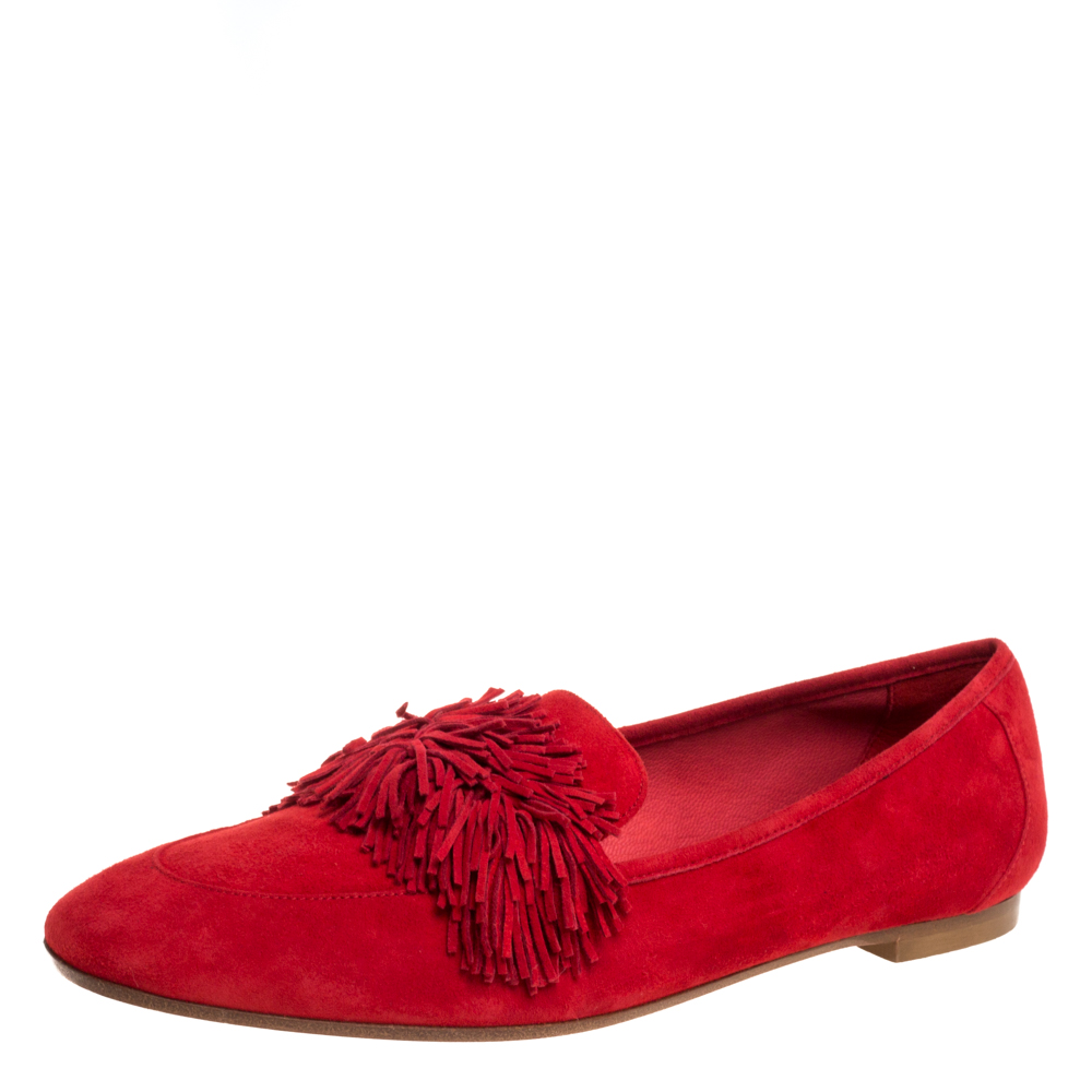 Image of Aquazzura Red Suede Leather Wild Thing Fringe Slip On Loafers Size