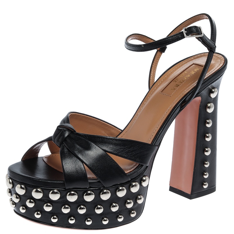 Image of Aquazurra Black Leather Opera Studded Platform Sandals Size