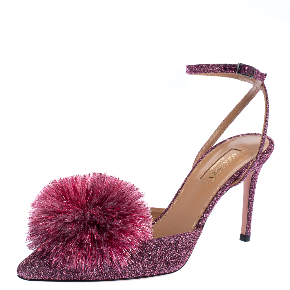 Image of Aquazzura Pink Lurex Powder Puff Slingback Sandals Size .