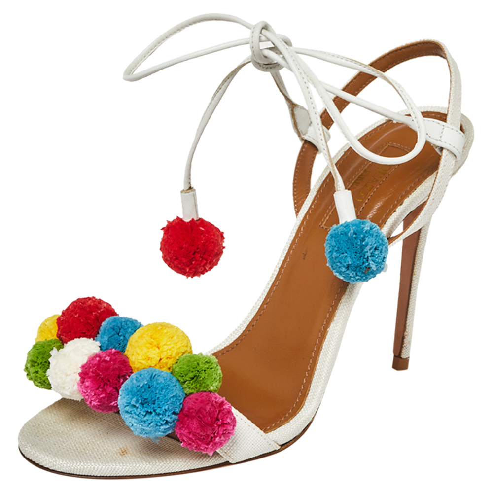 Image of Aquazurra White Canvas and Leather Disco Thing Ankle Wrap Sandals Size